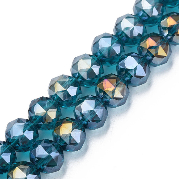 

PandaHall Electroplate Transparent Glass Beads Strands, Half Plated, Faceted, Round, Dark Cyan, 10x8.5mm, Hole: 1.2mm, about 60pcs/strand...