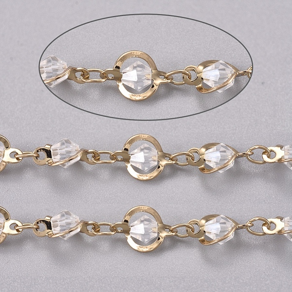 

PandaHall 3.28 Feet Handmade Glass Beaded Chains, with Long-Lasting Plated Brass Links, Soldered, Clear, Light Gold, 10x6~6.5x4mm...