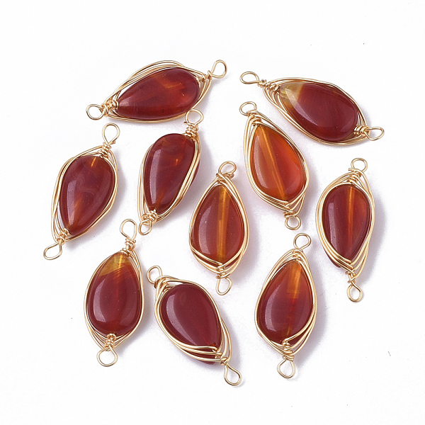 PandaHall Natural Agate Links connectors, Wire Wrapped Links, with Golden Tone Brass Wires, Teardrop, Dyed, 21~22x7~8x4mm, Hole: 1.4~1.5mm...