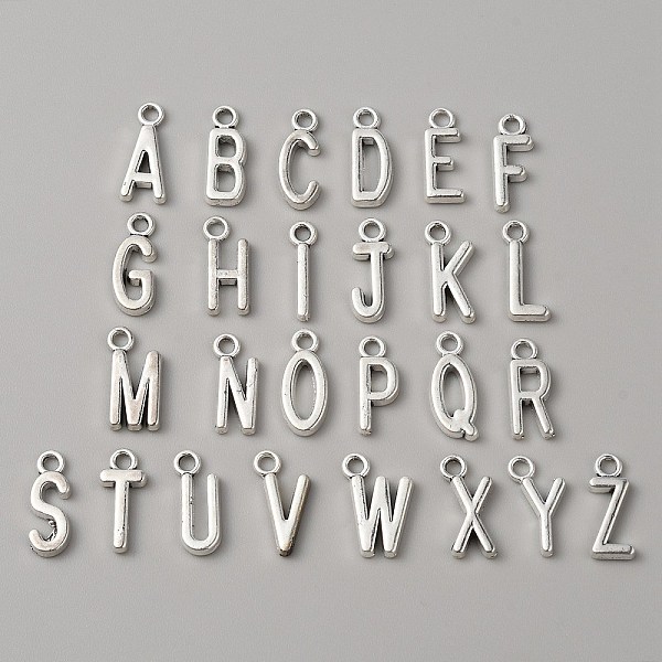 

PandaHall Tibetan Style Alloy Charms, Alphabet Charm, Antique Silver, Letter A~Z, 15~17x4~10.5x2mm, Hole: 2mm, 26pcs/set Alloy Letter A~Z