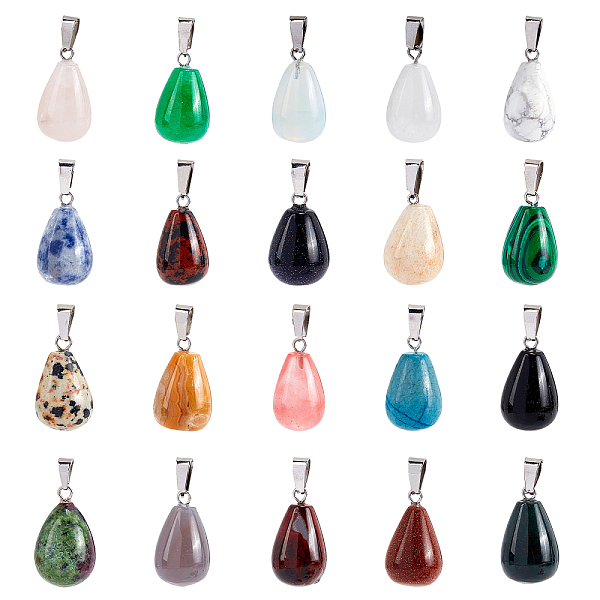 

PandaHall teardrop, Natural & Synthetic Mixed Stone Pendants, with Platinum Tone Brass Findings, 21~24x12~14mm, Hole: 2x7mm, 20pcs/box Mixed...