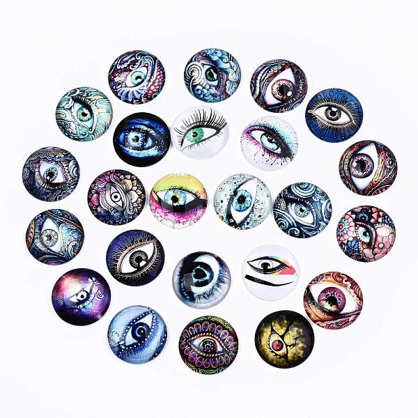 

PandaHall Glass Cabochons, Half Round with Eye Pattern, Mixed Color, 25x7.5mm, 24pcs/set Glass Half Round Multicolor