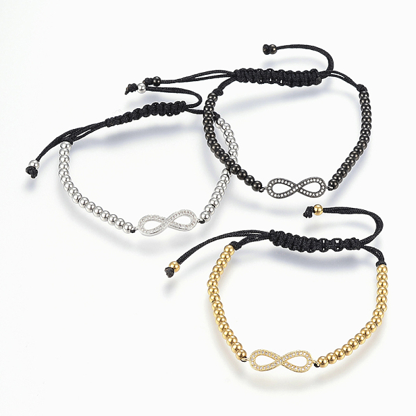 

PandaHall Adjustable 304 Stainless Steel Braided Beaded Bracelets, with Nylon Cord and Brass Micro Pave Cubic Zirconia Findings, Infinity..., Clear