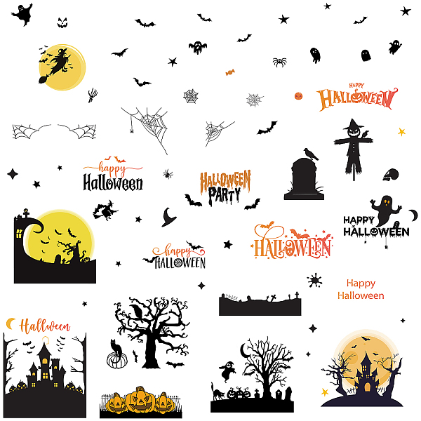 PandaHall CRASPIRE 8 Sheets 8 Styles Halloween Window Stickers Large Haunted House Pumpkin Spider Web Window Clings Wall Decor Decals...
