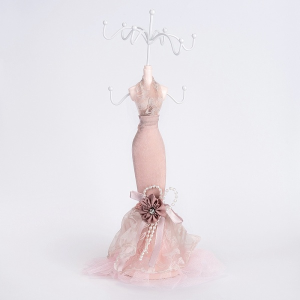 PandaHall Princess Jewelry Stand, Mesh & Ribbon & Acrylic Beads Dress Resin Human Model Bracket, Metal Earrings Rack Double-Deck Receptacle...