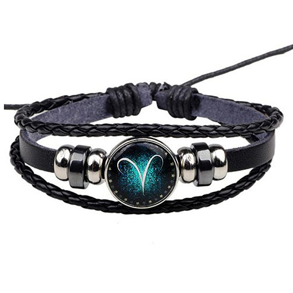 

PandaHall Constellation Glass Link Multi-strand Bracelet, PU Leather Braided Triple Layer Gothic Bracelet for Men Women, Aries, 7-1/8~9-7/8...