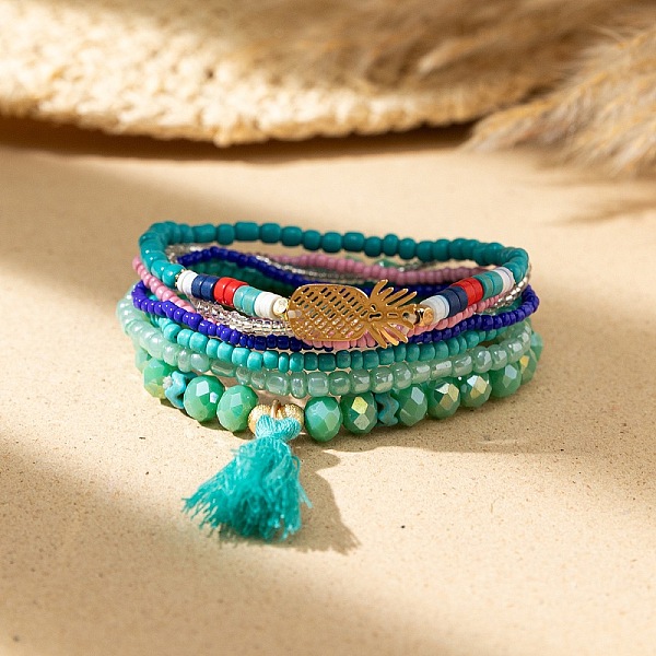 

PandaHall Bohemian Vacation Style Glass Beaded Charms Bracelets Set for Women Glass