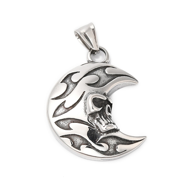 

PandaHall Halloween 304 Stainless Steel Pendants, Moon with Skull Charm, Antique Silver, 48mm, Hole: 6.5x5mm 304 Stainless Steel Moon