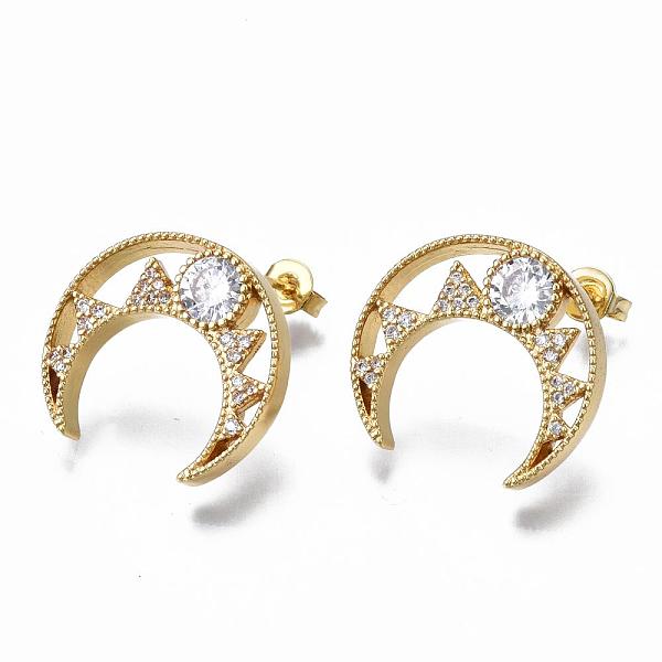 

PandaHall Brass Micro Pave Clear Cubic Zirconia Stud Earrings, with Earring Backs, Double Horn/Crescent Moon, Real 18K Gold Plated...
