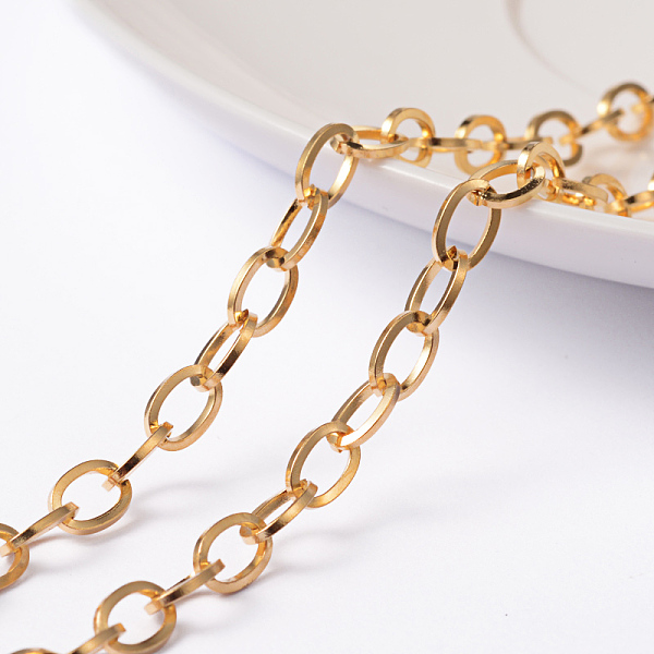 

PandaHall Ion Plating(IP) 304 Stainless Steel Cable Chains, Unwelded, with Spool, Flat Oval, Golden, 7x4x0.8mm, about 65.61 Feet(20m)/roll...