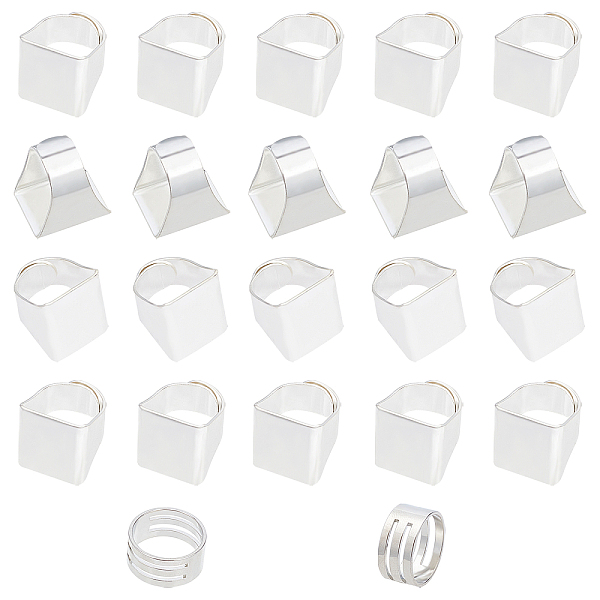 PandaHall Square Brass Finger Rings, Wide Band Rings, with Brass Rings, Assistant Tool, Platinum & Silver, 22pcs/box Brass