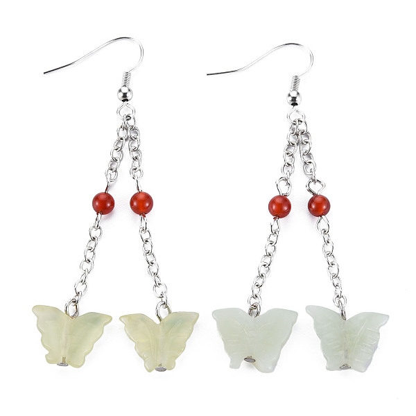 PandaHall Butterfly Natural New Jade Dangle Earrings for Girl Women, Red Agate Beads Earrings with Brass Pin, 66~68mm, Pin: 0.6mm New Jade