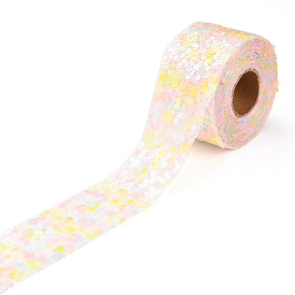 PandaHall Polyester Elastic Sequin Ribbons, with Bling Paillette, Light Khaki, 2-3/8 inch(60mm), 10 yards(9.14m)/roll Polyester