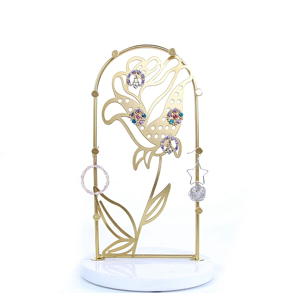 

PandaHall Marble Pedestal with Iron Jewelry Holder, Hanging Jewelry Stand Organiser Storage, Flower, 14.5x14.5x24cm Iron Flower