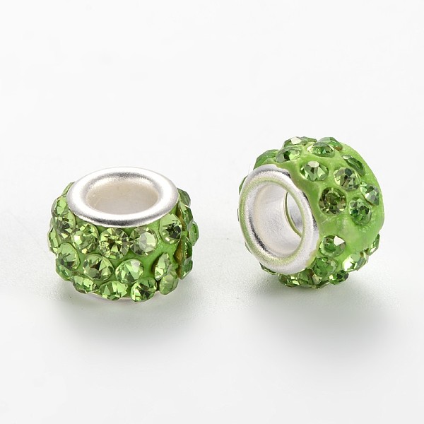 

PandaHall Polymer Clay Rhinestone European Beads, Large Hole Rondelle Beads, with Platinum Plated Alloy Cores, Peridot, 10~12x7mm, Hole: 5mm..., Green
