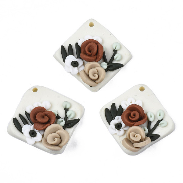 

PandaHall Handmade Polymer Clay Pendants, Rhombus with Rose Flower, Saddle Brown, 27~28x27.5~28.5x8mm, Hole: 1.8mm Polymer Clay Rhombus