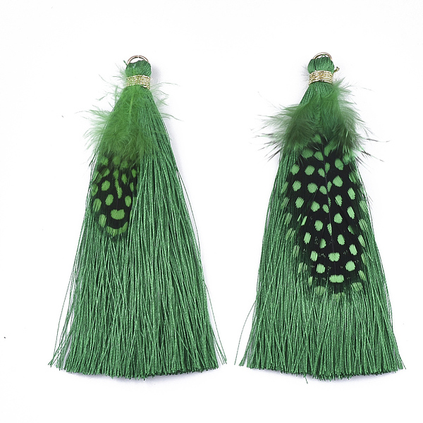 

PandaHall Polyester Tassel Big Pendant Decorations, with Feather and Iron Findings, Sea Green, 96~100x7mm, Hole: 5mm Polyester Green