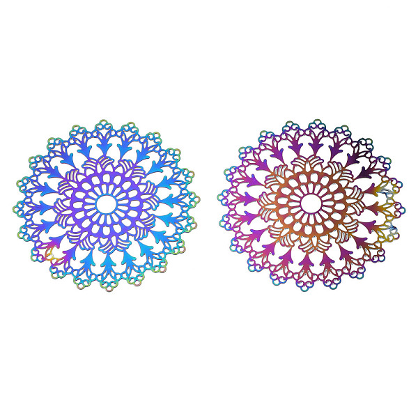 

PandaHall Ion Plating(IP) 201 Stainless Steel Filigree Pendants, Etched Metal Embellishments, Flower, Rainbow Color, 44x0.2mm, Hole: 4.5mm...