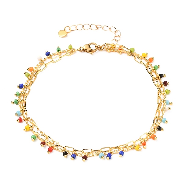 

PandaHall 2 Layered Brass Curb Chains Anklets, with Handmade Glass Beaded Chains & Paperclip Chains, 304 Stainless Steel Heart Charms...