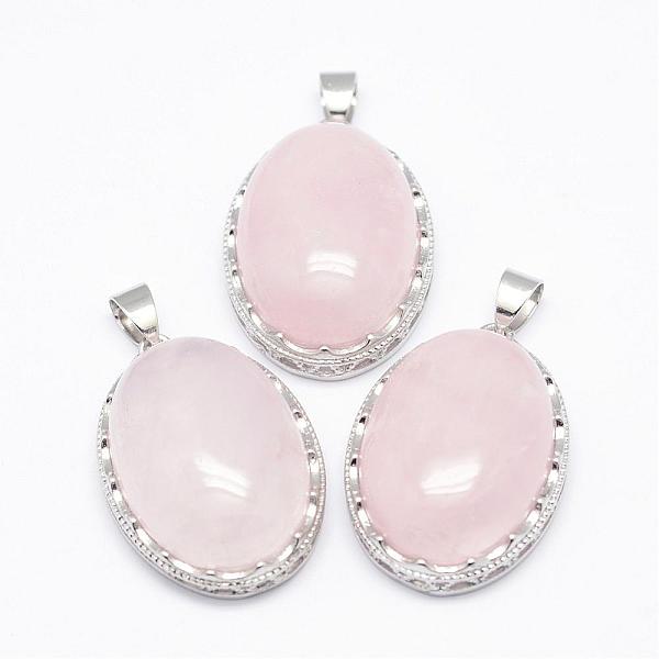 

PandaHall Natural Rose Quartz Pendants, with Brass Findings, Oval, Platinum, 30x21x10~11mm, Hole: 6x4mm Rose Quartz Oval
