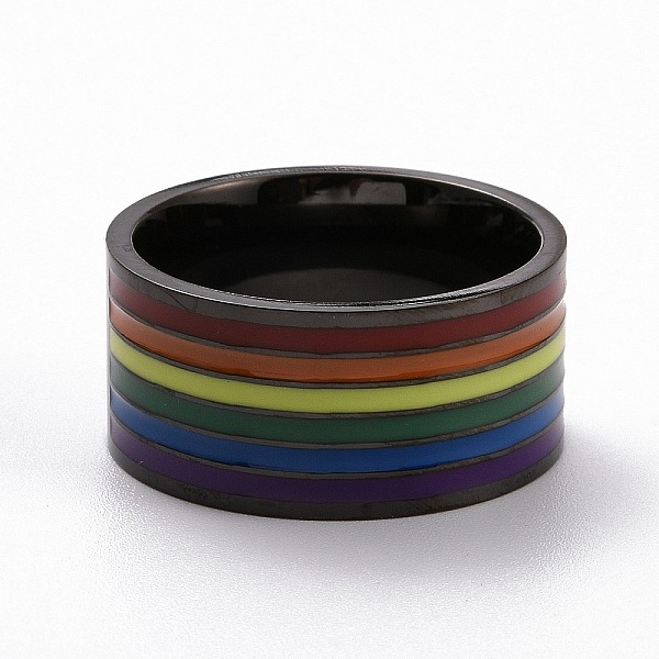 

PandaHall Pride Style 201 Stainless Steel Finger Rings, Wide Band Rings, with Enamel, Colorful, Electrophoresis Black, US Size 7(17.3mm) 201...