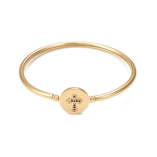 

PandaHall Rack Plating Brass Micro Pave Cubic Zirconia Bangles, Real 18K Gold Plated Flat Round with Cross Clasp Bangles, Long-Lasting...