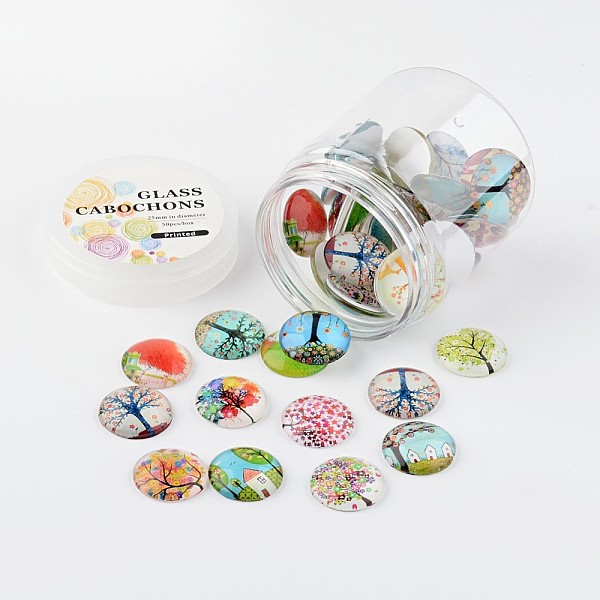 

PandaHall Glass Cabochons, Tree of Life Printed, Half Round/Dome, Mixed Color, 25x7mm, about 50pcs/box Glass Half Round Multicolor