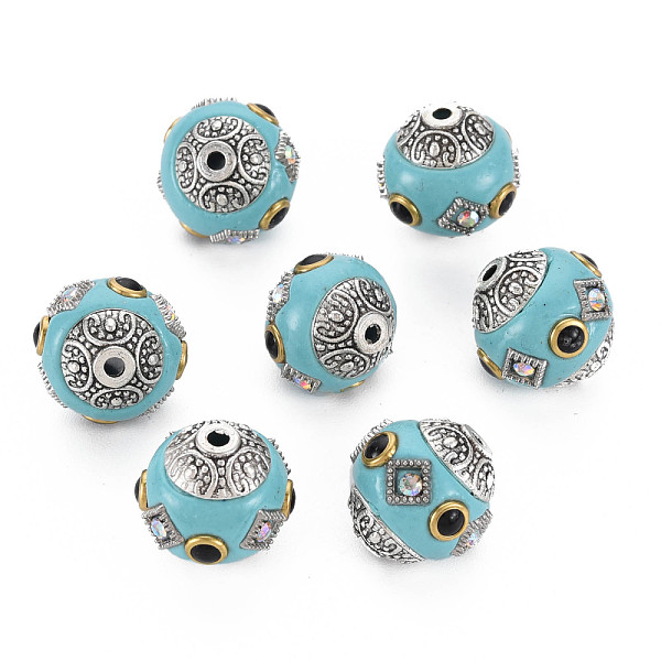 

PandaHall Handmade Indonesia Beads, with Rhinestone and Brass Findings, Round, Antique Silver, Medium Turquoise, 15x15mm, Hole: 1.8mm..., Clear
