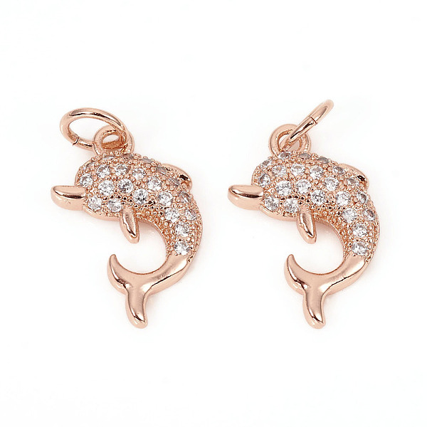 

PandaHall Brass Micro Pave Cubic Zirconia Charms, with Jump Rings, Dolphin, Clear, Rose Gold, 14x9x2.5mm, Jump Rings: 4.8x0.8mm, 3.2mm Inner...