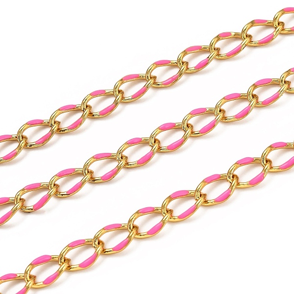 

PandaHall Brass Curb Chains, with Enamel, Spool, Long-Lasting Plated, Soldered, Golden, Deep Pink, Link: 10.3x7x1.25mm Brass+Enamel
