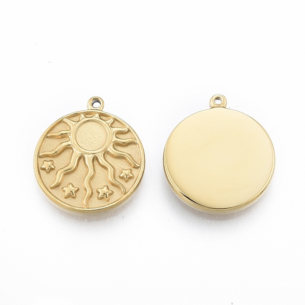 

PandaHall Ion Plating(IP) 304 Stainless Steel Pendants, Flat Round with Sun, Golden, 17x15x2mm, Hole: 1mm 304 Stainless Steel Flat Round