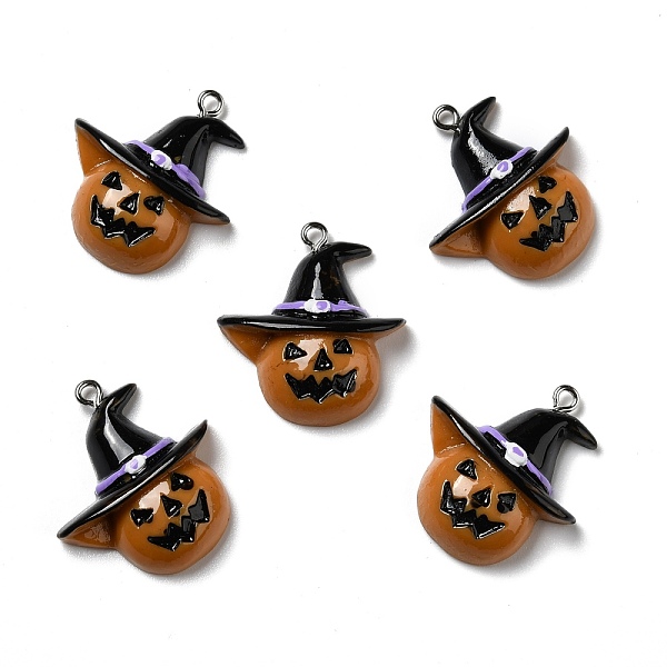 

PandaHall Halloween Opaque Resin Pendants, with Platinum Tone Iron Loops, Pumpkin with Witch Hat, Dark Orange, 29x26x7mm, Hole: 2mm...