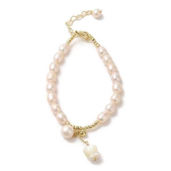 

PandaHall Natural Shell Flower Charm Bracelet, with Pearl Beaded, Real 14K Gold Plated, 6-3/4 inch(17cm) Pearl Flower