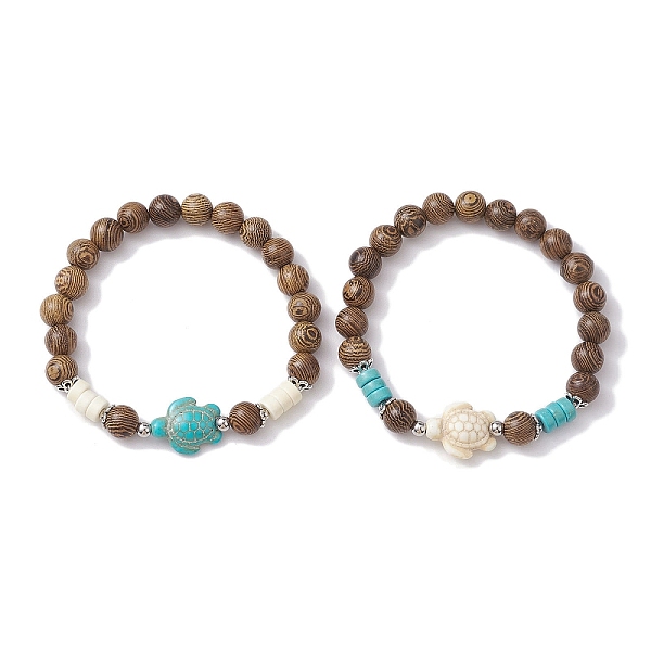 

PandaHall 2Pcs 2 Colors Beach Tortoise Synthetic Turquoise Bracelets, 8mm Wenge Wood Round Beaded Stackable Stretch Bracelets for Women..., Multicolor
