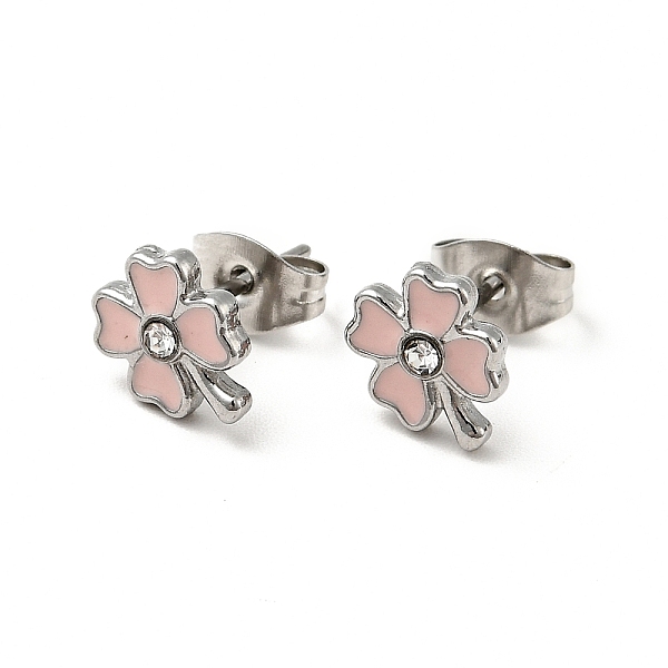 

PandaHall Enamel Clover with Crystal Rhinestone Stud Earrings with 316 Surgical Stainless Steel Pins, Stainless Steel Color Plated 304..., Pink