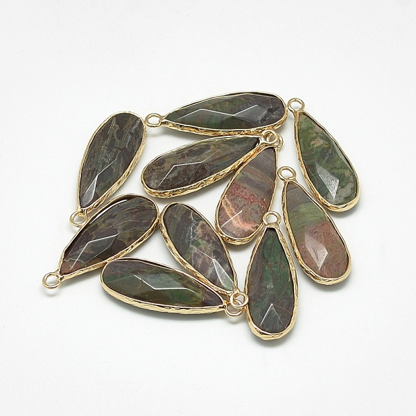 

PandaHall Natural Ocean Jasper Pendants, with Golden Tone Brass Findings, Faceted, teardrop, 30~32x11.5~12.5x6mm, Hole: 2mm Ocean Jasper...