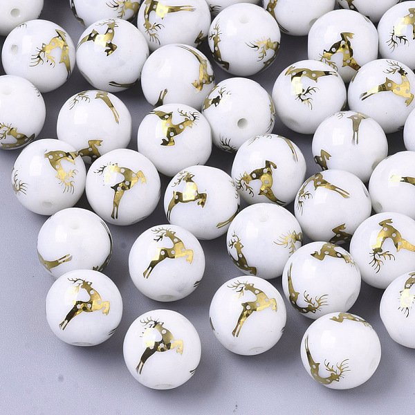 

PandaHall Christmas Opaque Glass Beads, Round with Electroplate Elk Christmas Reindeer/Stag Pattern, Golden Plated, 10mm, Hole: 1.2mm Glass..., White