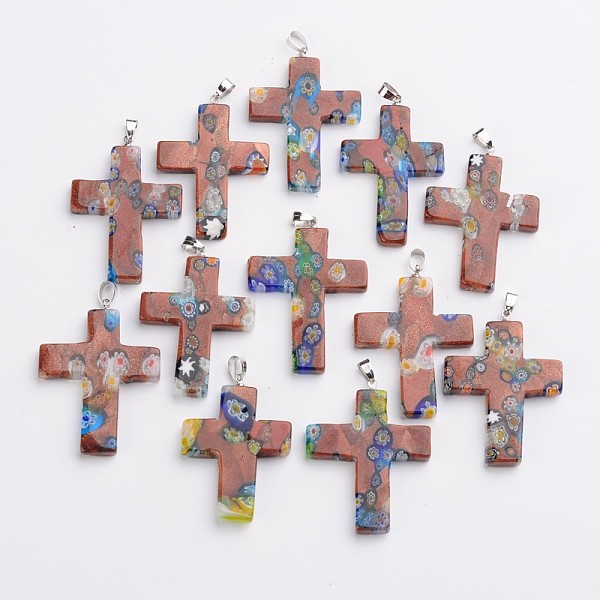 

PandaHall Cross Handmade Millefiori Glass Pendants, with Platinum Tone Brass Findings, Camel, 42~46x29~33x4~6mm, Hole: 4x5mm Millefiori..., Brown
