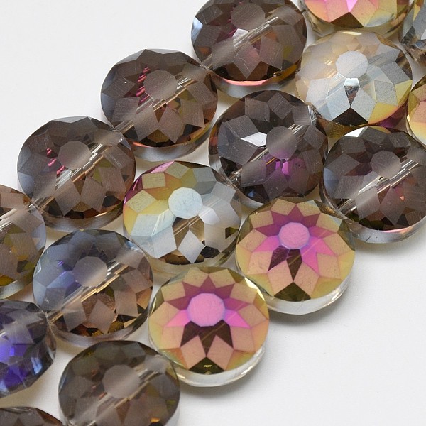 

PandaHall Electroplate Glass Beads Strands, Frosted, Rainbow Plated, Faceted, Flat Round, Gray, 12x8~9mm, Hole: 1mm, about 50pcs/strand...