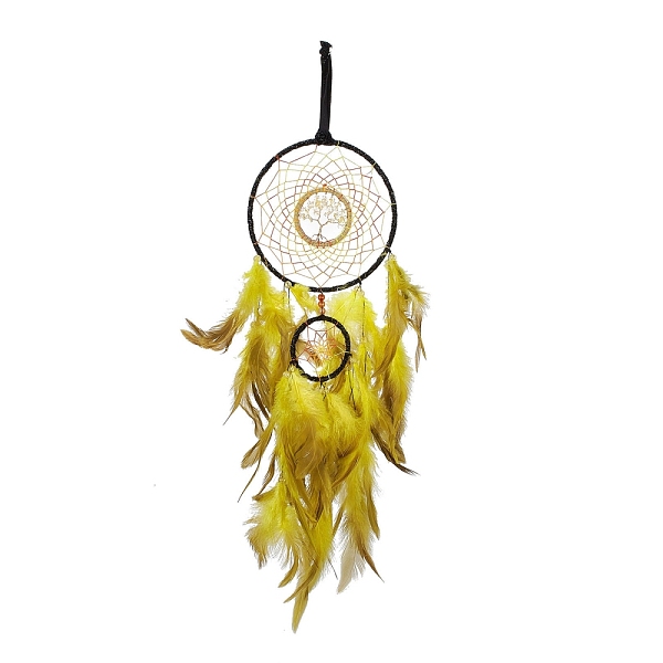 

PandaHall Iron Woven Web/Net with Feather Pendant Decorations, with Plastic & Citrine Chip Beads, Velvet Strip, Covered with Leather & Brass..., Yellow