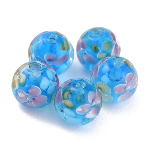 

PandaHall Round Lampwork Beads, Plum Flower Petal Pattern, with Hole, Deep Sky Blue, 12mm, Hole: 1.8mm Lampwork Round