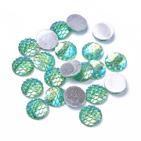 PandaHall Resin Cabochons, Flat Round with Mermaid Fish Scale, Cyan, 12x3mm Resin Flat Round Cyan