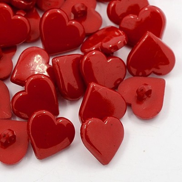 PandaHall Acrylic Shank Buttons, Lovely Heart Button for Costume Design, 1-Hole, Dyed, Dark Red, 17x17x3mm, Hole: 2mm Acrylic Heart Red