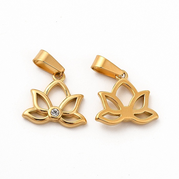 

PandaHall Ion Plating(IP) 304 Stainless Steel Charms, with Crystal Rhinestone and 201 Stainless Steel Snap On Bails, Lotus Charm, Golden..., Clear
