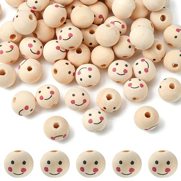

PandaHall Printed Natural Wood European Beads, Large Hole Beads, Round with Smile Face, Lead Free, Undyed, PapayaWhip, 19~20x17.5~18mm, Hole..., Orange