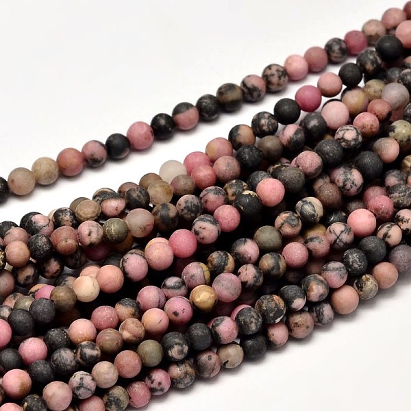 

PandaHall Frosted Natural Rhodonite Round Bead Strands, 4mm, Hole: 0.8mm, about 85~90pcs/strand, 15 inch Rhodonite Round