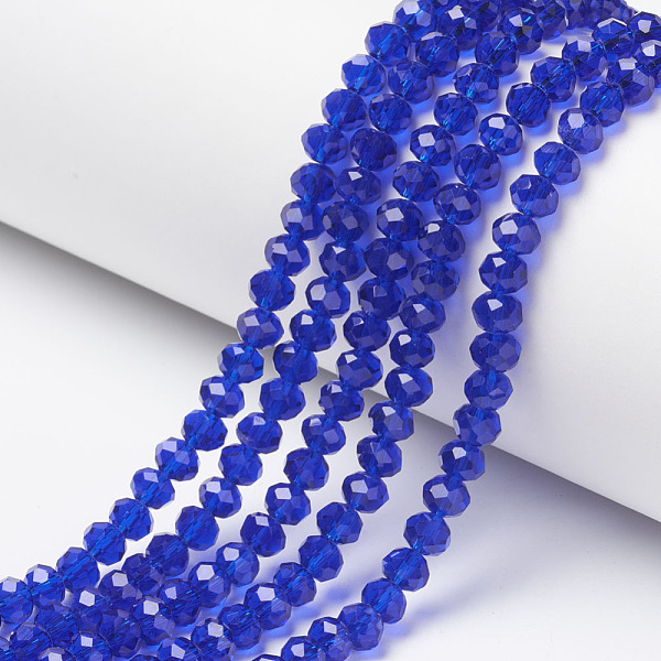 PandaHall Glass Beads Strands, Faceted, Rondelle, Blue, 4x3mm, Hole: 0.4mm, about 123~127pcs/strand, 16.5~16.9 inch(42~43cm) Glass Rondelle...