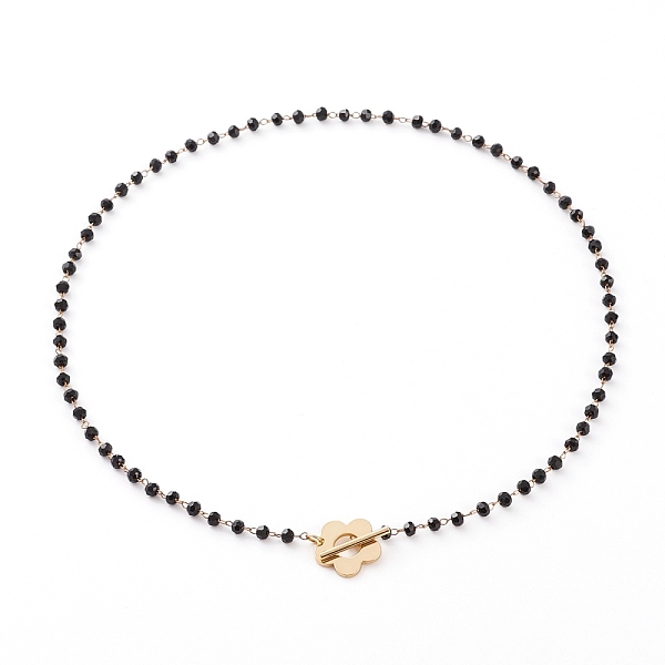 

PandaHall Faceted Rondelle Glass Beaded Necklaces, with Golden Plated Brass Flower Toggle Clasps, Black, 15.15 inch(38.5cm) Glass Black
