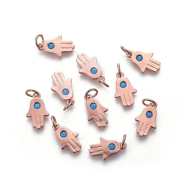 

PandaHall Brass Charms, with Micro Pave Cubic Zirconia, Long-Lasting Plated, Hamsa Hand/Hand of Fatima /Hand of Miriam, Real Rose Gold..., Blue