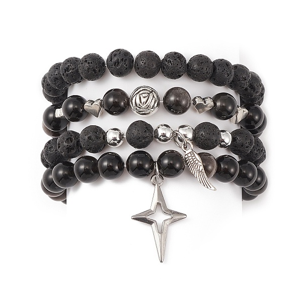 

PandaHall 4Pcs 4 Style Natural Silver Obsidian & Lava Rock Stretch Bracelets Set, 304 Stainless Steel Wing & Star Charms Stackable Bracelets..., Black